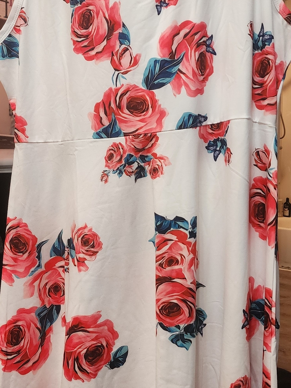Women’s White Floral Tank Dress with Pink Rose Print Sz XXL